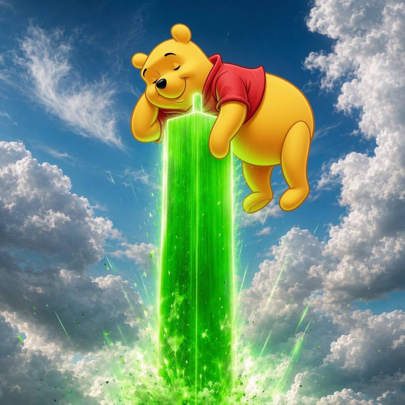 Pooh rising above a glowing green launch beam