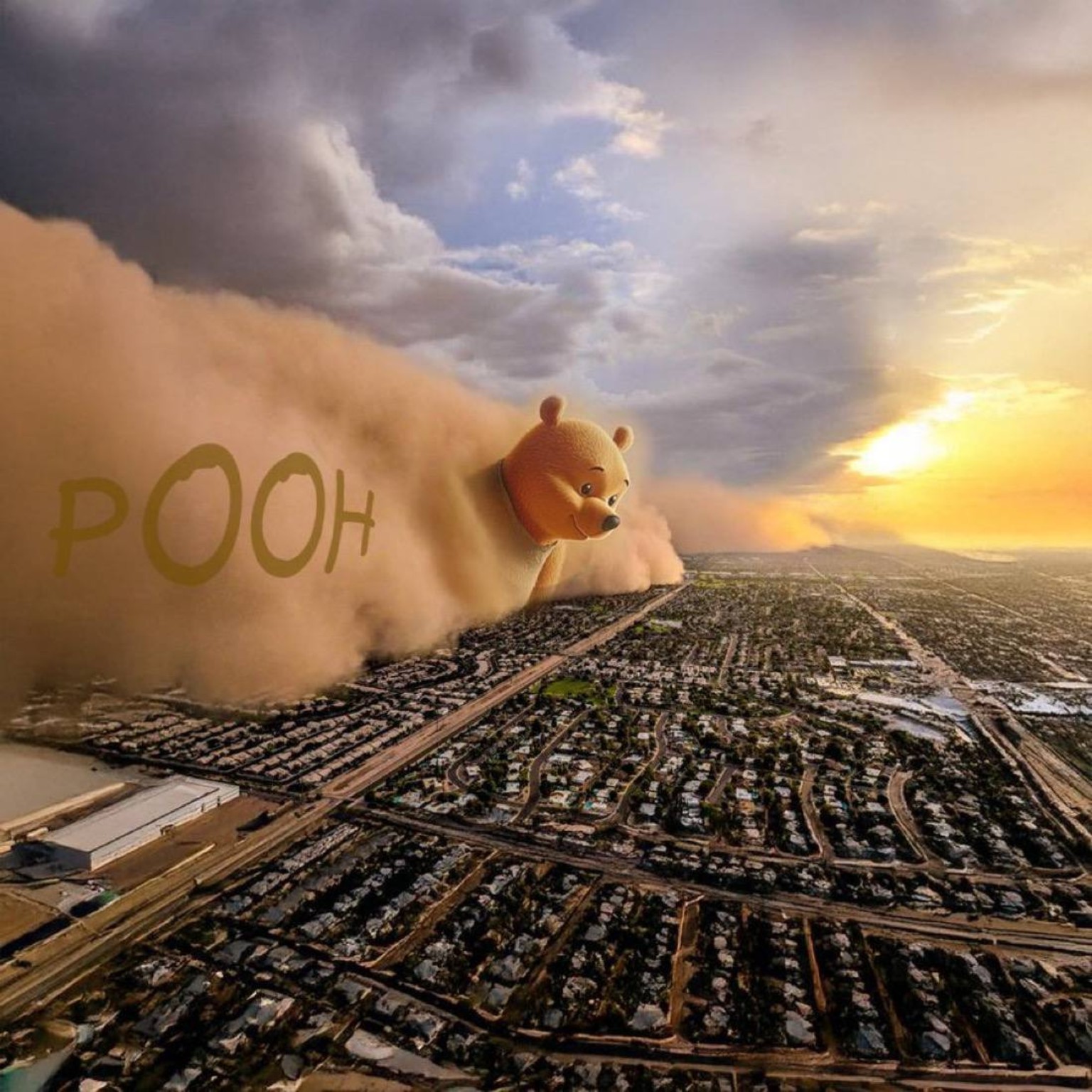 Pooh emerging from a giant sandstorm above a city